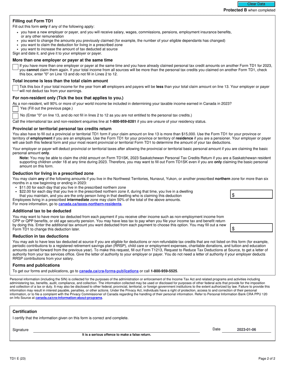 Form TD1 Personal Tax Credits Return - Canada, Page 2