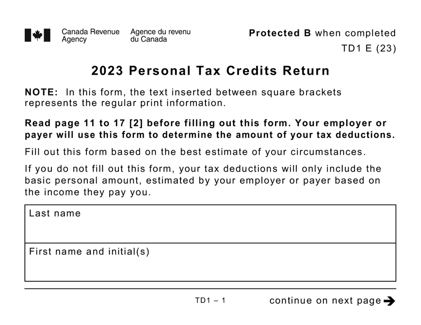 Form TD1 Personal Tax Credits Return (Large Print) - Canada, 2023