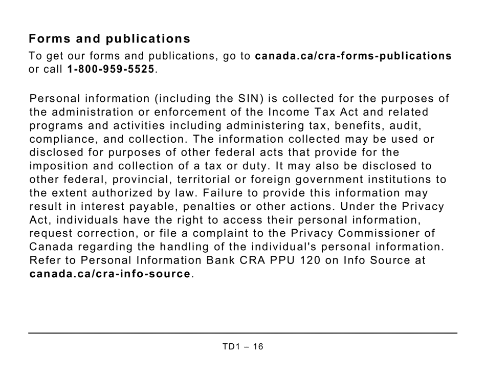 Form TD1 Personal Tax Credits Return (Large Print) - Canada, Page 16