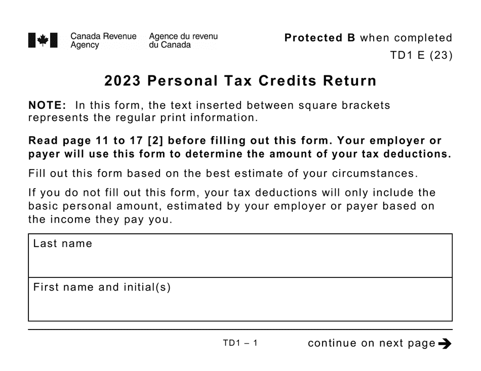 Form TD1 Personal Tax Credits Return (Large Print) - Canada, Page 1