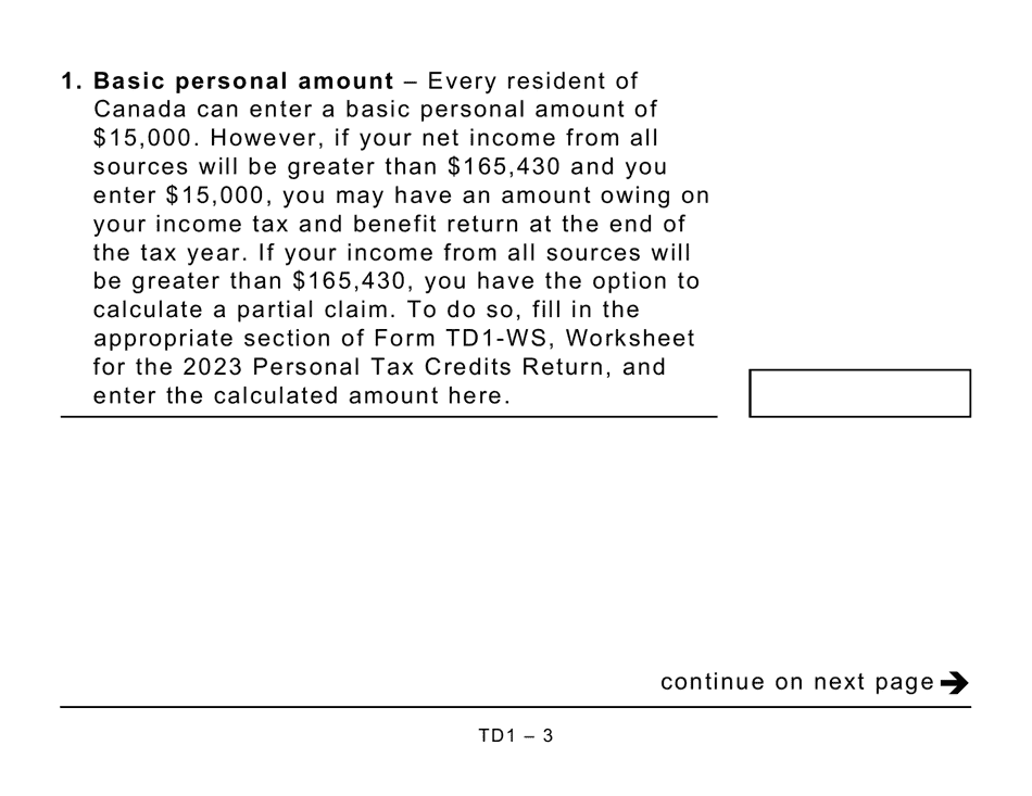 Form TD1 Personal Tax Credits Return (Large Print) - Canada, Page 3