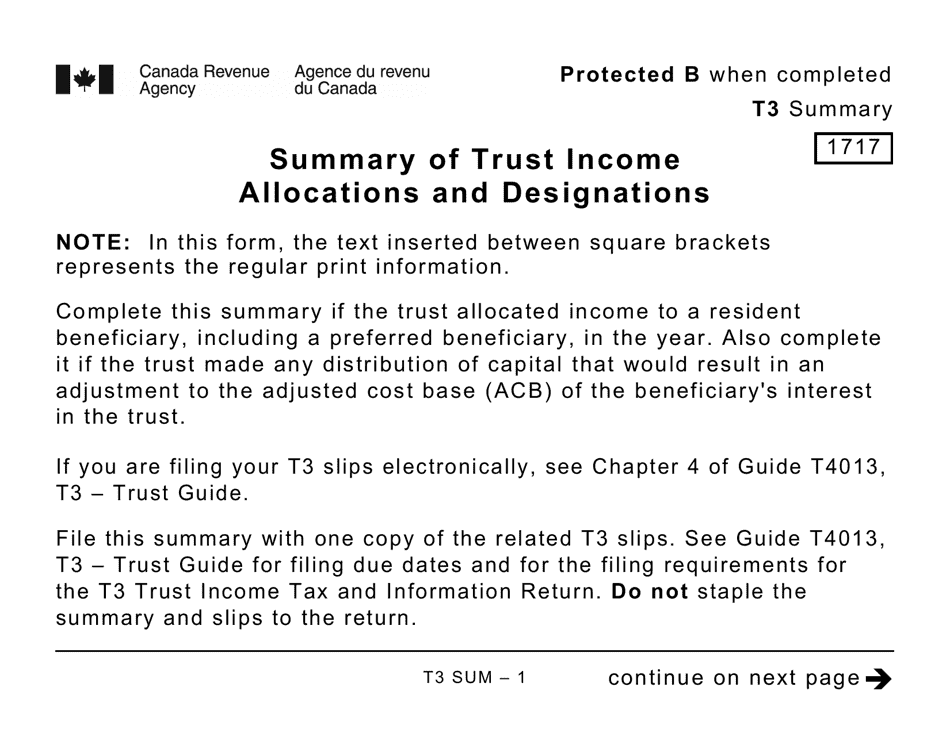 Form T3 SUM Summary of Trust Income Allocations and Designations (Large Print) - Canada, Page 1