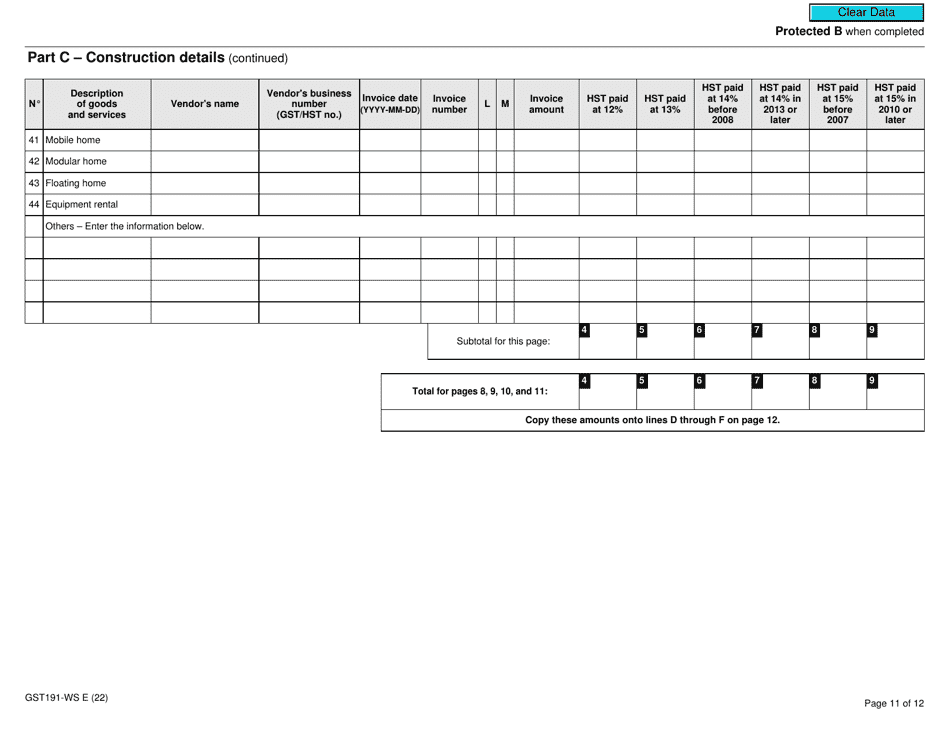 Form GST191-WS Download Fillable PDF or Fill Online Construction ...