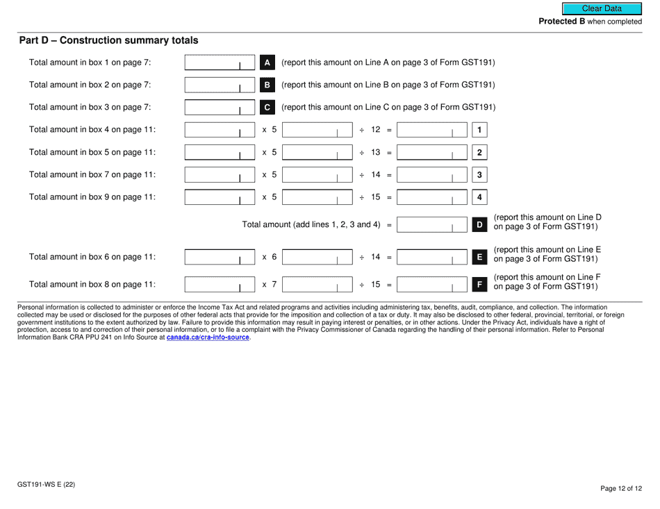 Form GST191WS Download Fillable PDF or Fill Online Construction