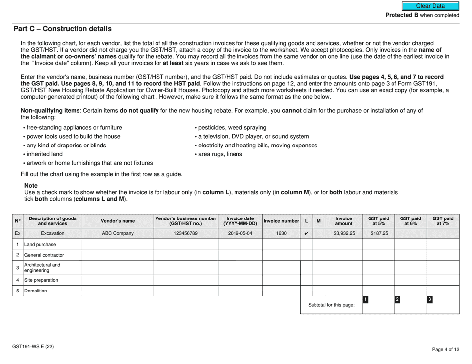 Form GST191WS Download Fillable PDF or Fill Online Construction