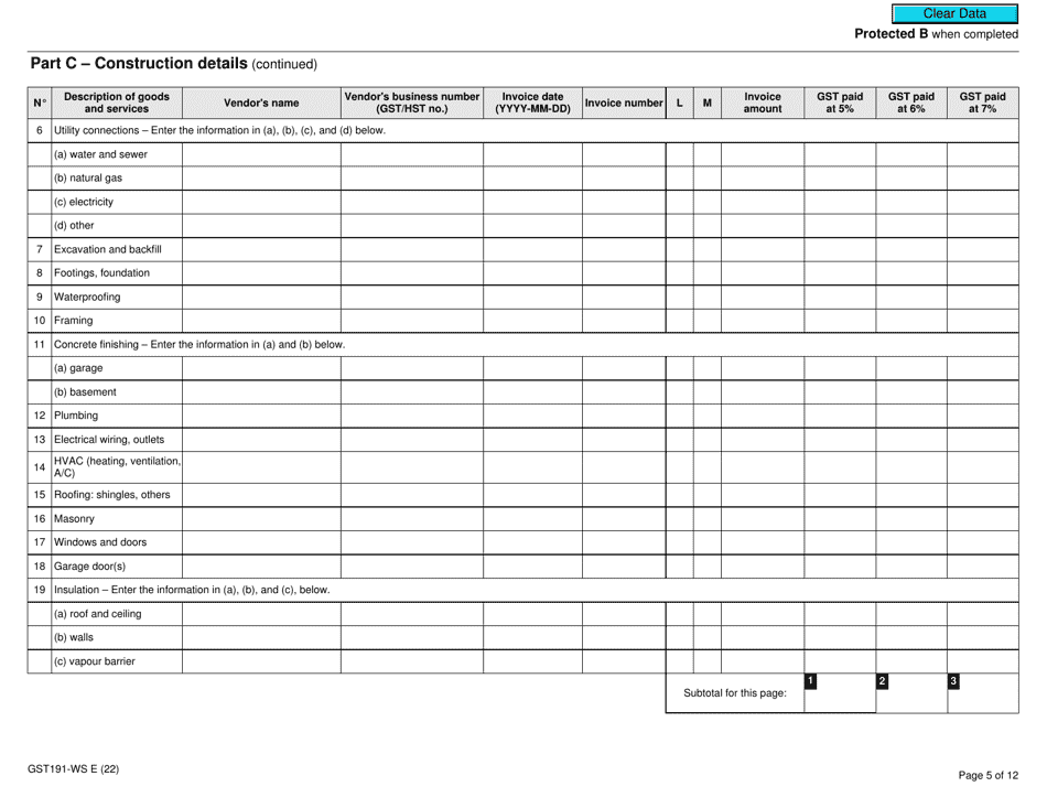 Form GST191-WS Construction Summary Worksheet - Canada, Page 5