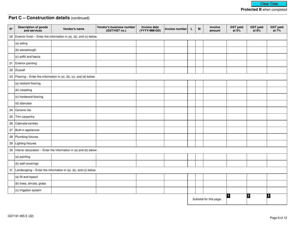 Form GST191WS Download Fillable PDF or Fill Online Construction