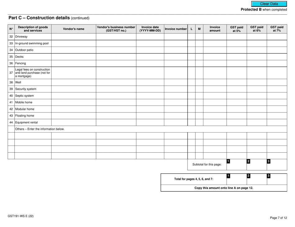 Form GST191WS Download Fillable PDF or Fill Online Construction