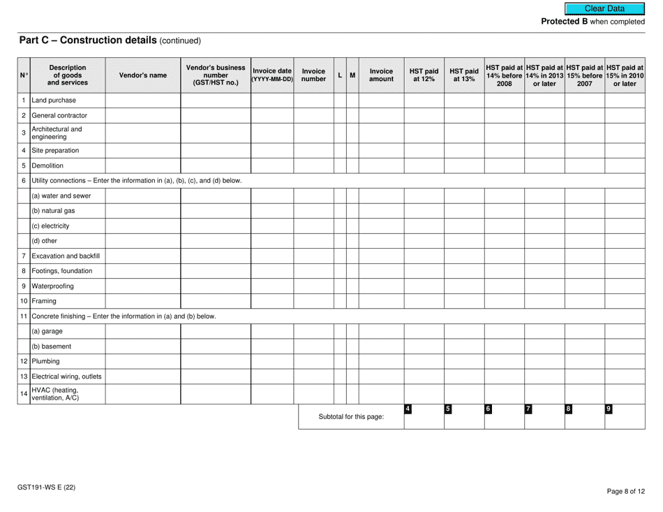 Form GST191-WS Download Fillable PDF or Fill Online Construction ...