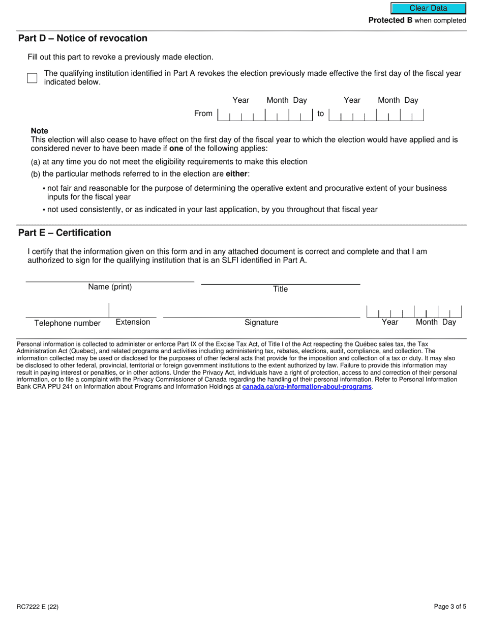 Form RC7222 Election or Revocation for a Qualifying Institution That Is a Selected Listed Financial Institution to Use Particular Methods Specified in an Application Under Subsection 141.02(18) of the ETA for Gst / Hst and Qst Purposes - Canada, Page 3