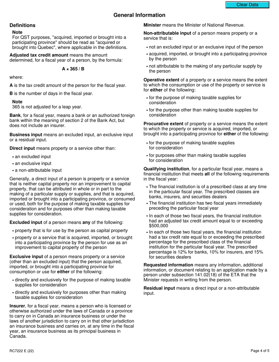 Form RC7222 Election or Revocation for a Qualifying Institution That Is a Selected Listed Financial Institution to Use Particular Methods Specified in an Application Under Subsection 141.02(18) of the ETA for Gst / Hst and Qst Purposes - Canada, Page 4