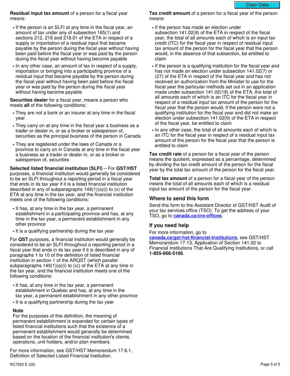 Form RC7222 Election or Revocation for a Qualifying Institution That Is a Selected Listed Financial Institution to Use Particular Methods Specified in an Application Under Subsection 141.02(18) of the ETA for Gst / Hst and Qst Purposes - Canada, Page 5