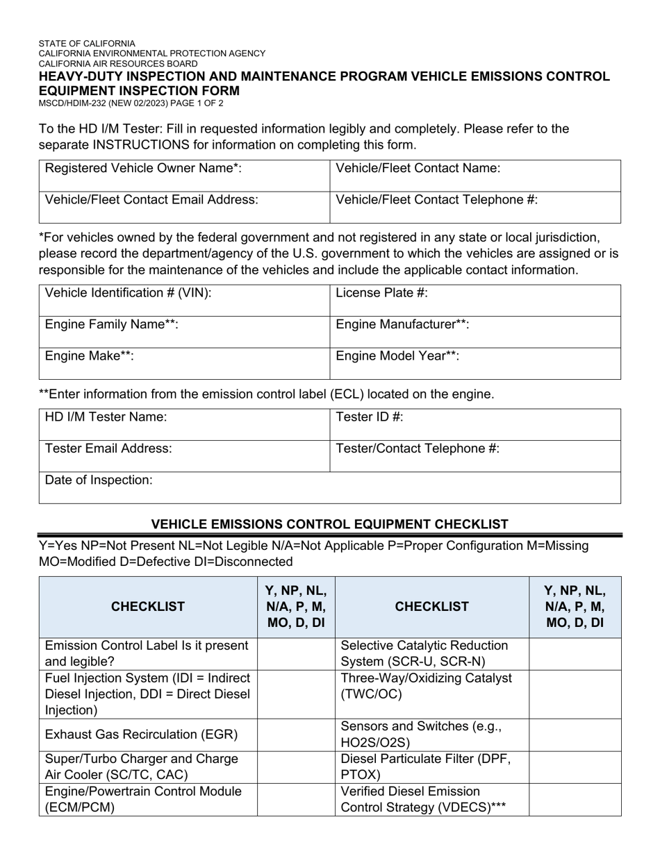 Form MSCD / HDIM-232 Heavy-Duty Inspection and Maintenance Program Vehicle Emissions Control Equipment Control Equipment Inspection Form - California, Page 1