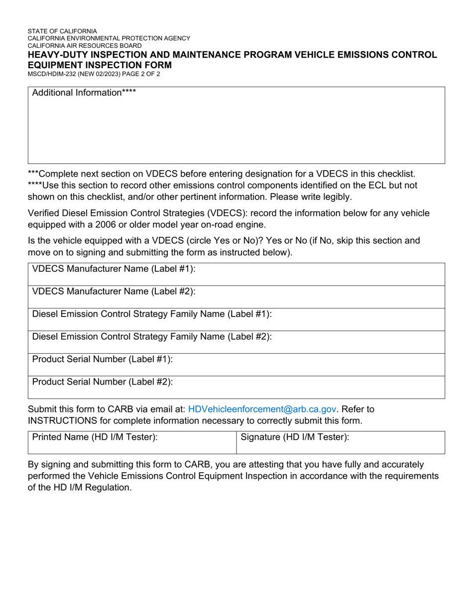 Form MSCD / HDIM-232 Heavy-Duty Inspection and Maintenance Program Vehicle Emissions Control Equipment Control Equipment Inspection Form - California, Page 2