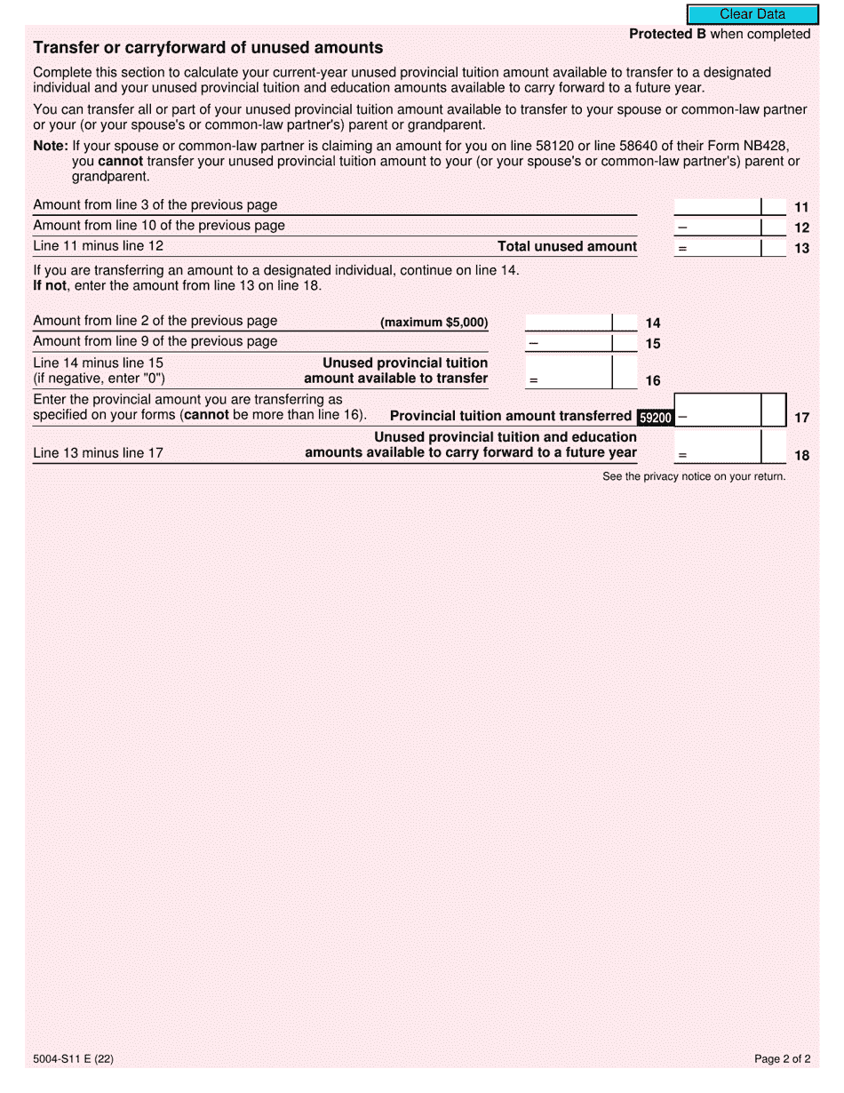 Form 5004-S11 Schedule NB(S11) New Brunswick Tuition and Education Amounts - Canada, Page 2