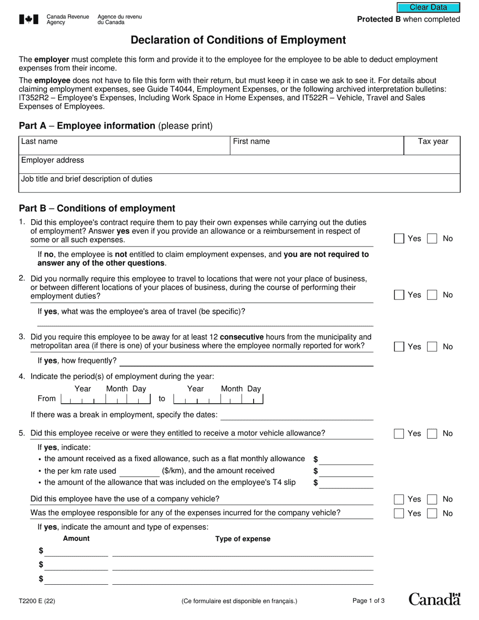 Form T2200 Download Fillable PDF or Fill Online Declaration of