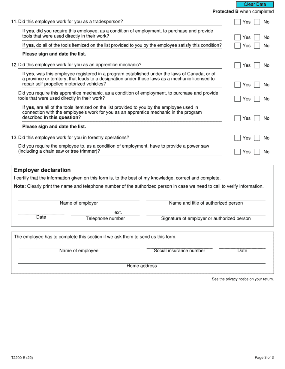 Form T2200 Download Fillable Pdf Or Fill Online Declaration Of Conditions Of Employment Canada 0976