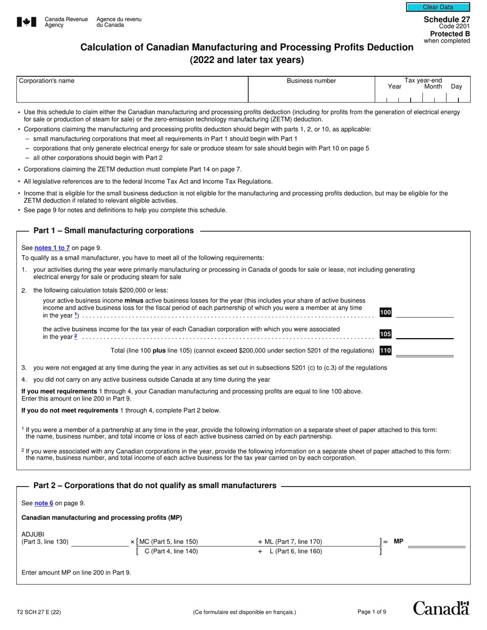Form T2 Schedule 27 Calculation of Canadian Manufacturing and Processing Profits Deduction (2022 and Later Tax Years) - Canada, Page 1