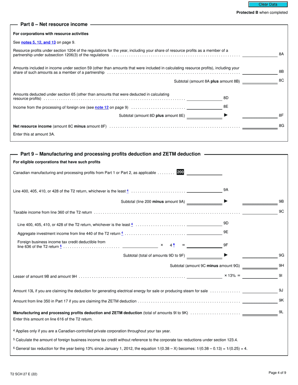 Form T2 Schedule 27 Calculation of Canadian Manufacturing and Processing Profits Deduction (2022 and Later Tax Years) - Canada, Page 4