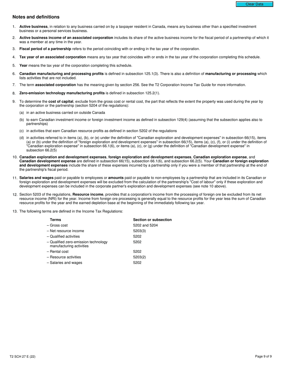 Form T2 Schedule 27 Calculation of Canadian Manufacturing and Processing Profits Deduction (2022 and Later Tax Years) - Canada, Page 9