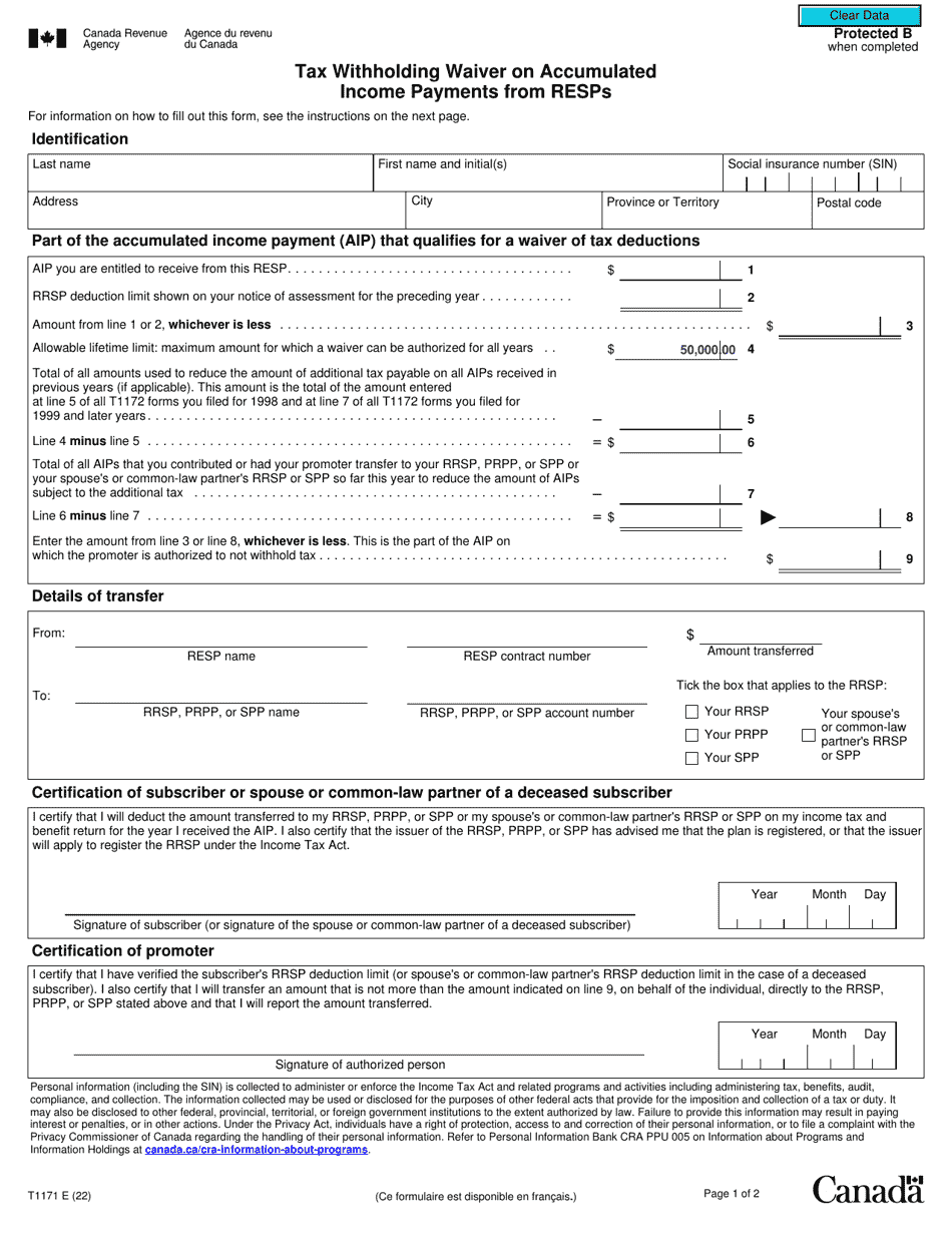 Form T1171 Tax Withholding Waiver on Accumulated Income Payments From Resps - Canada, Page 1