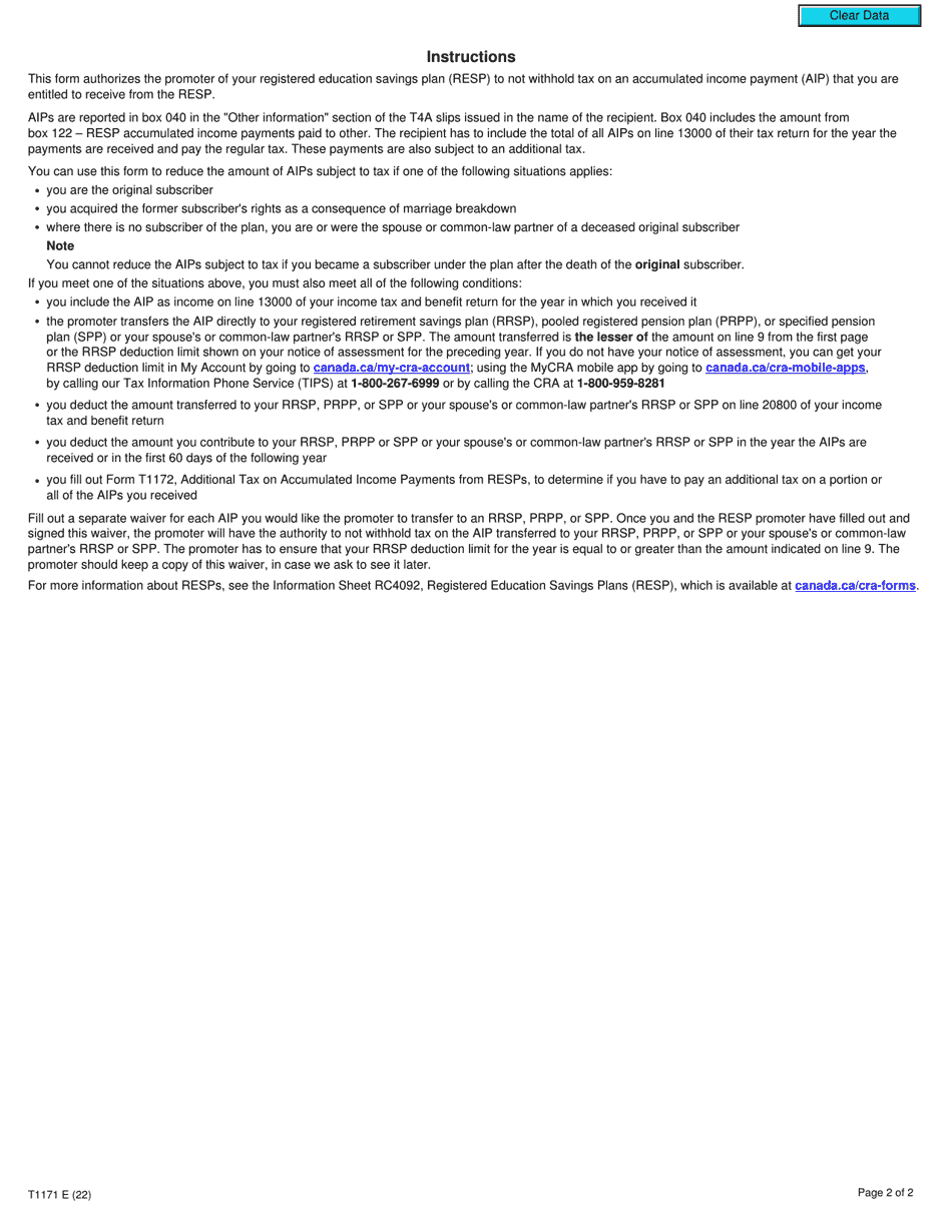 Form T1171 Tax Withholding Waiver on Accumulated Income Payments From Resps - Canada, Page 2