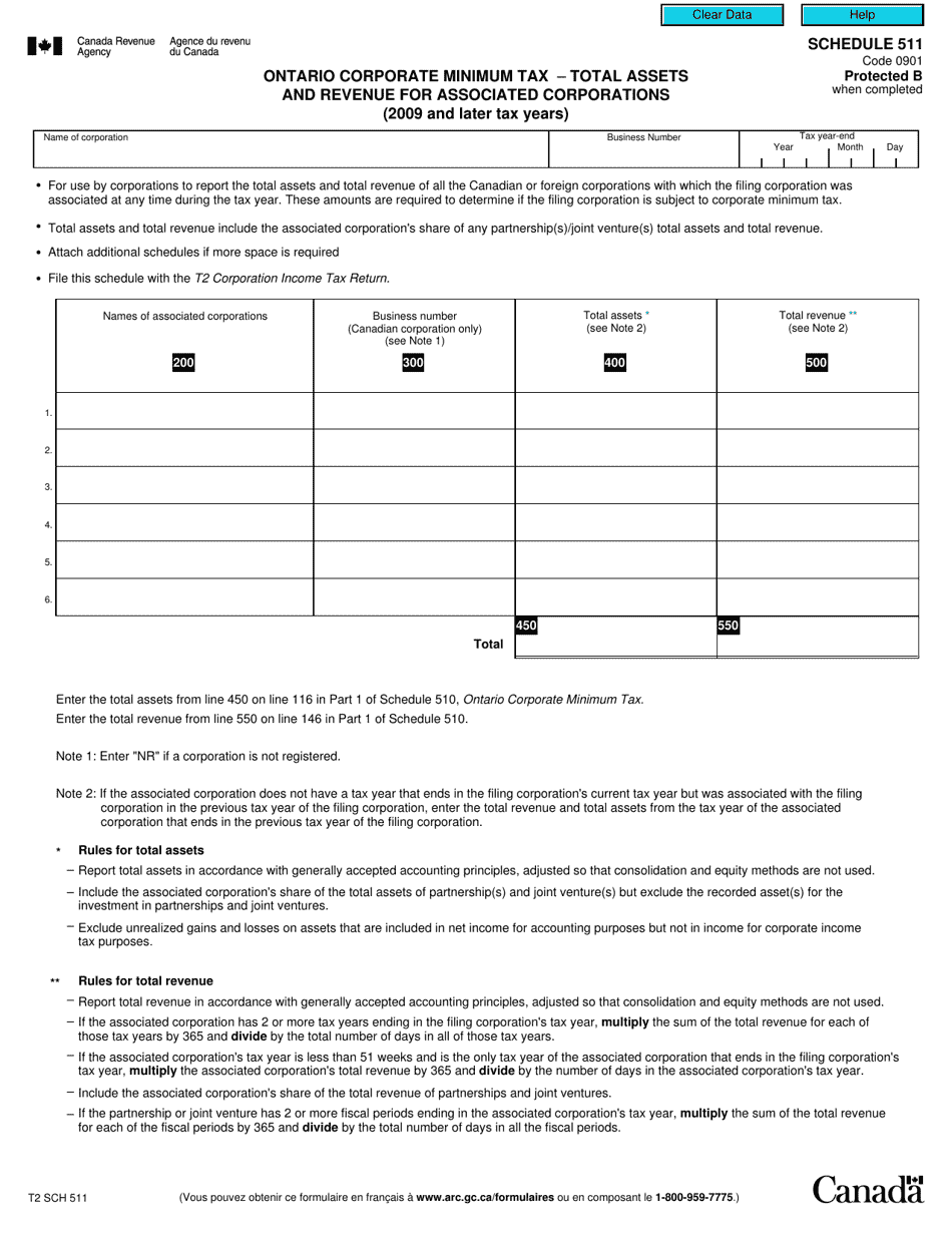 Form T2 Schedule 511 Ontario Corporate Minimum Tax - Total Assets and Revenue for Associated Corporations (2009 and Later Tax Years) - Canada, Page 1