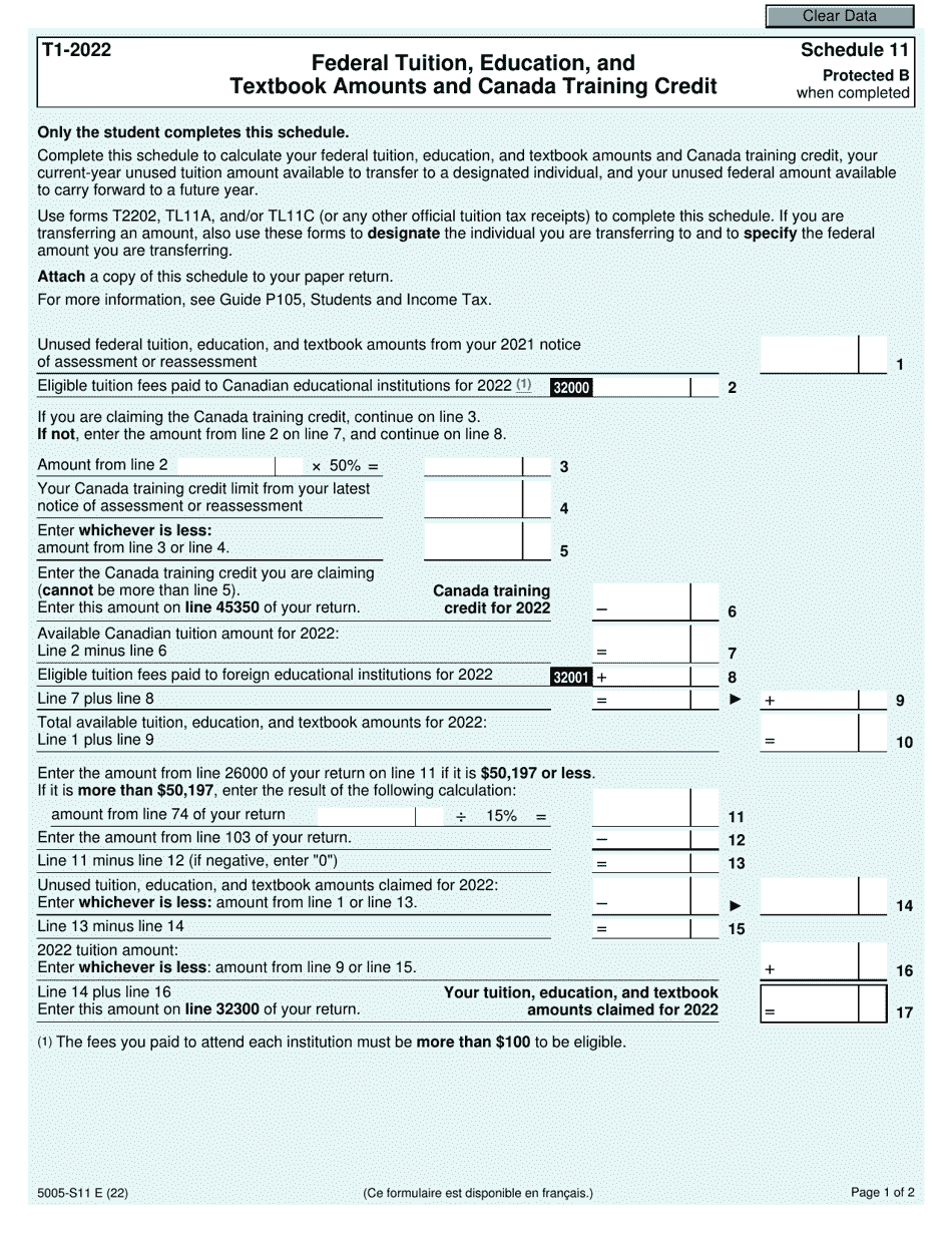 Form 5005-S11 Schedule 11 Federal Tuition, Education, and Textbook Amounts and Canada Training Credit (For Quebec and Non-residents of Canada Only) - Canada, Page 1