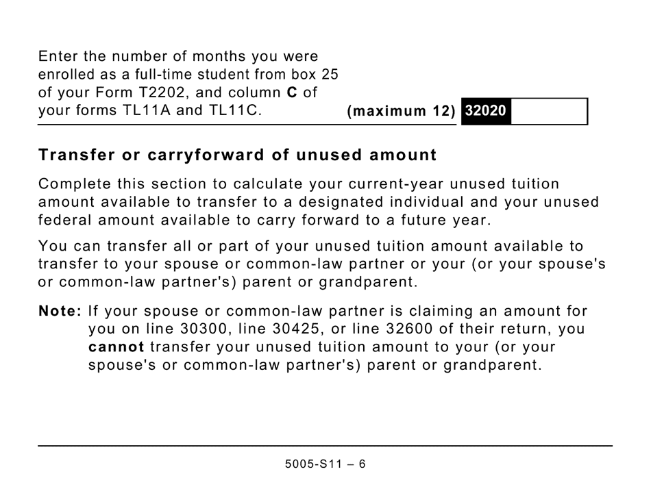 Form 5005-S11 Schedule 11 Federal Tuition, Education, and Textbook Amounts and Canada Training Credit (Large Print) - Canada, Page 6