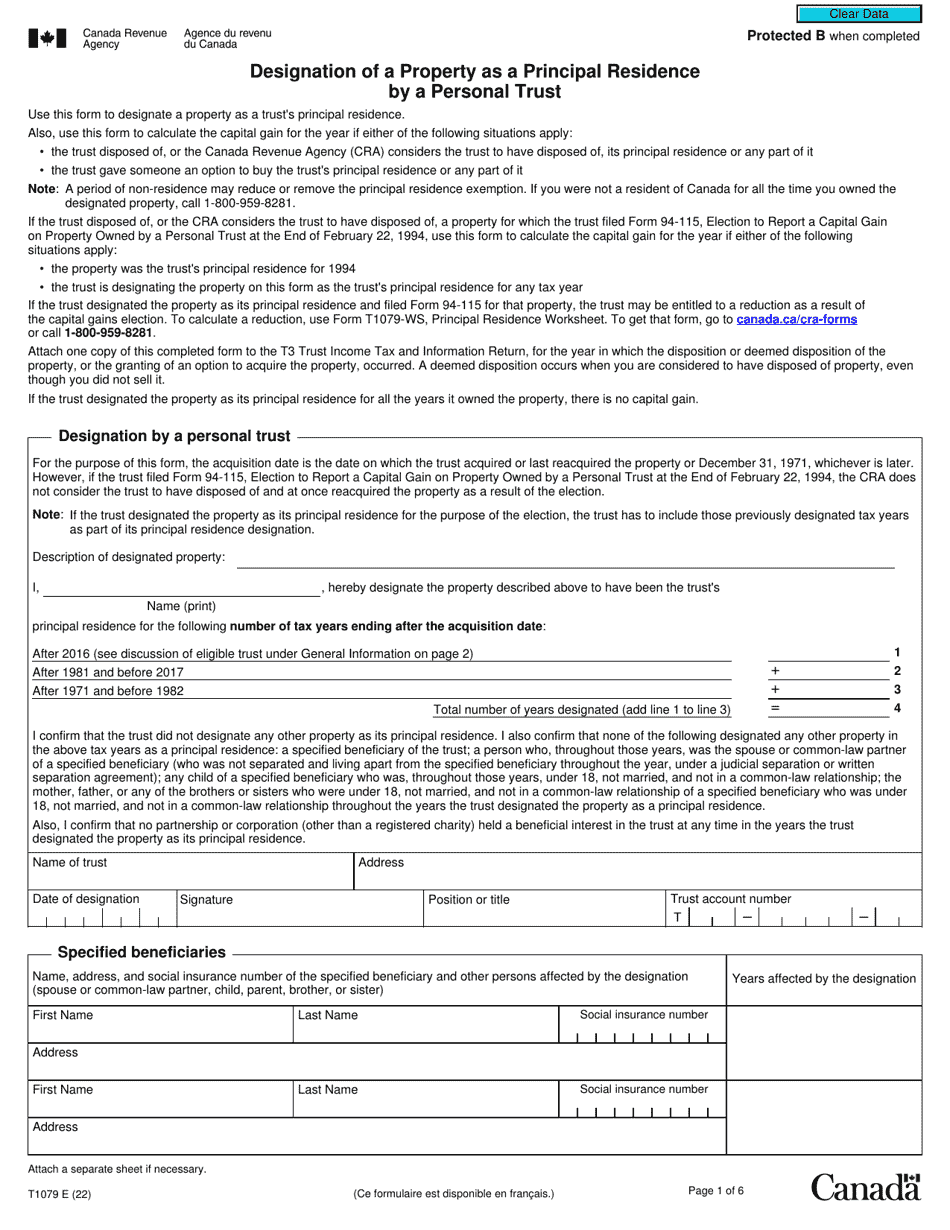 Form T1079 Designation of a Property as a Principal Residence by a Personal Trust - Canada, Page 1