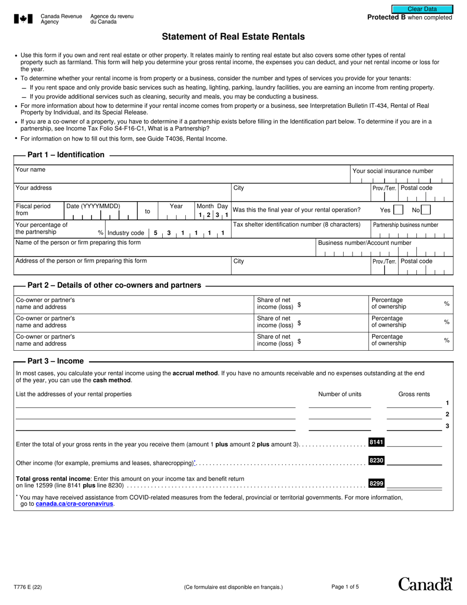 Form T776 Statement of Real Estate Rentals - Canada, Page 1