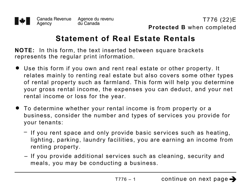 Form T776 Statement of Real Estate Rentals (Large Print) - Canada