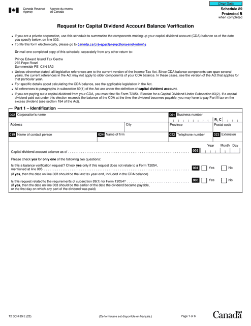 Form T2 Schedule 89 Request for Capital Dividend Account Balance Verification - Canada