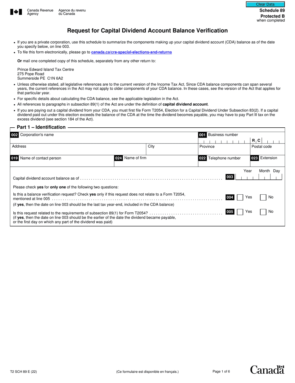 Form T2 Schedule 89 Request for Capital Dividend Account Balance Verification - Canada, Page 1
