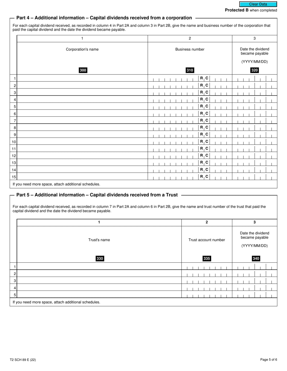Form T2 Schedule 89 Request for Capital Dividend Account Balance Verification - Canada, Page 5