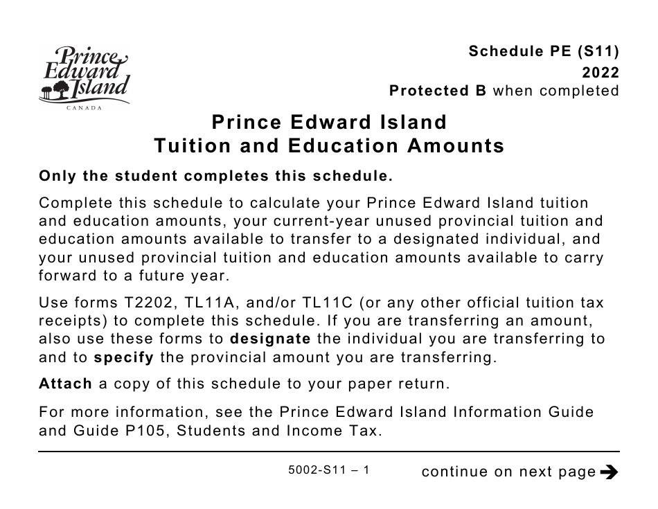 Form 5002-S11 Schedule PE (S11) Prince Edward Island Tuition and Education Amounts (Large Print) - Canada, Page 1