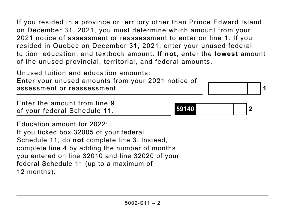 Form 5002-S11 Schedule PE (S11) Prince Edward Island Tuition and Education Amounts (Large Print) - Canada, Page 2