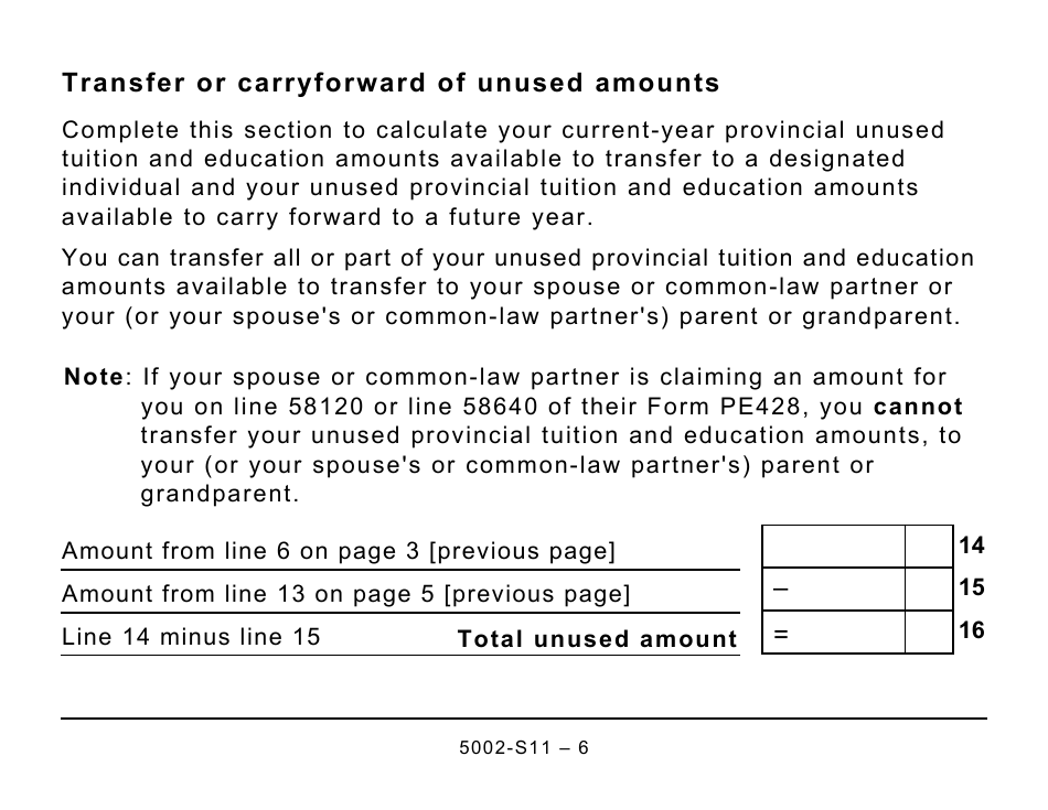 Form 5002-S11 Schedule PE (S11) Prince Edward Island Tuition and Education Amounts (Large Print) - Canada, Page 6