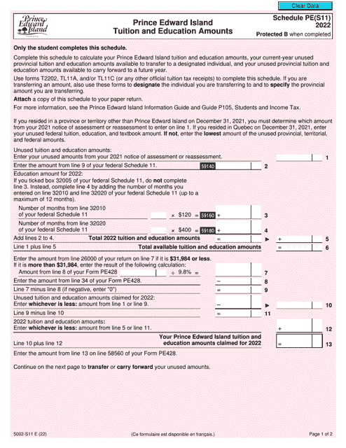 Form 5002-S11 Schedule PE(S11) 2022 Printable Pdf