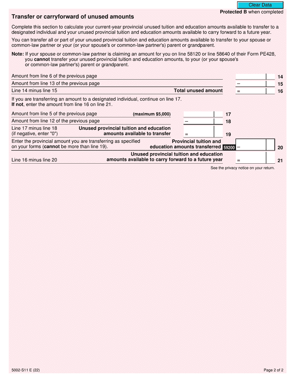 Form 5002-S11 Schedule PE(S11) Prince Edward Island Tuition and Education Amounts - Canada, Page 2