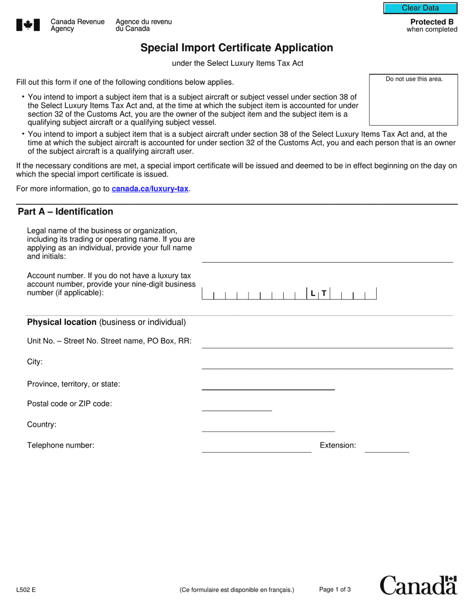 Form L502 Special Import Certificate Application - Canada, Page 1