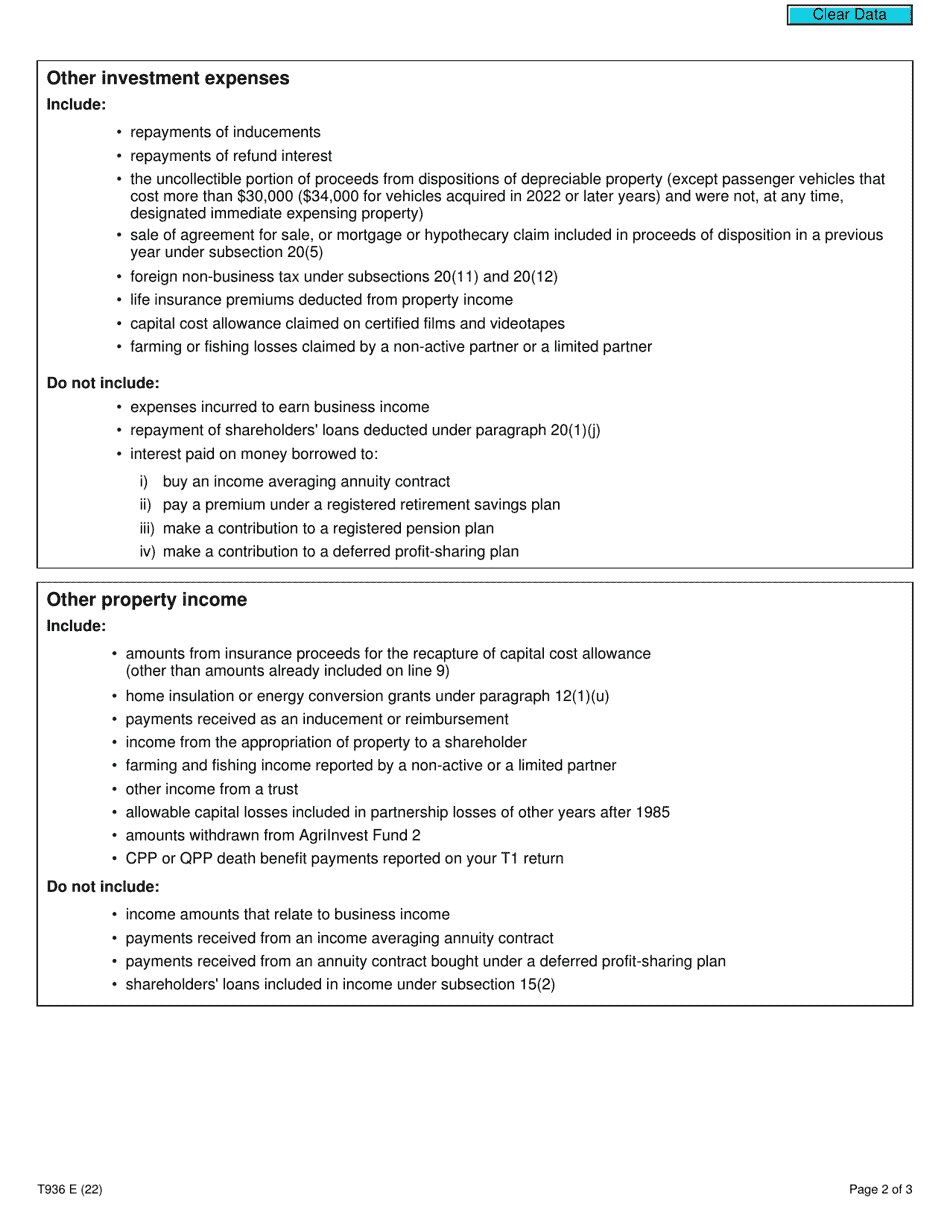 Form T936 Calculation of Cumulative Net Investment Loss (CNIL) - Canada, Page 2