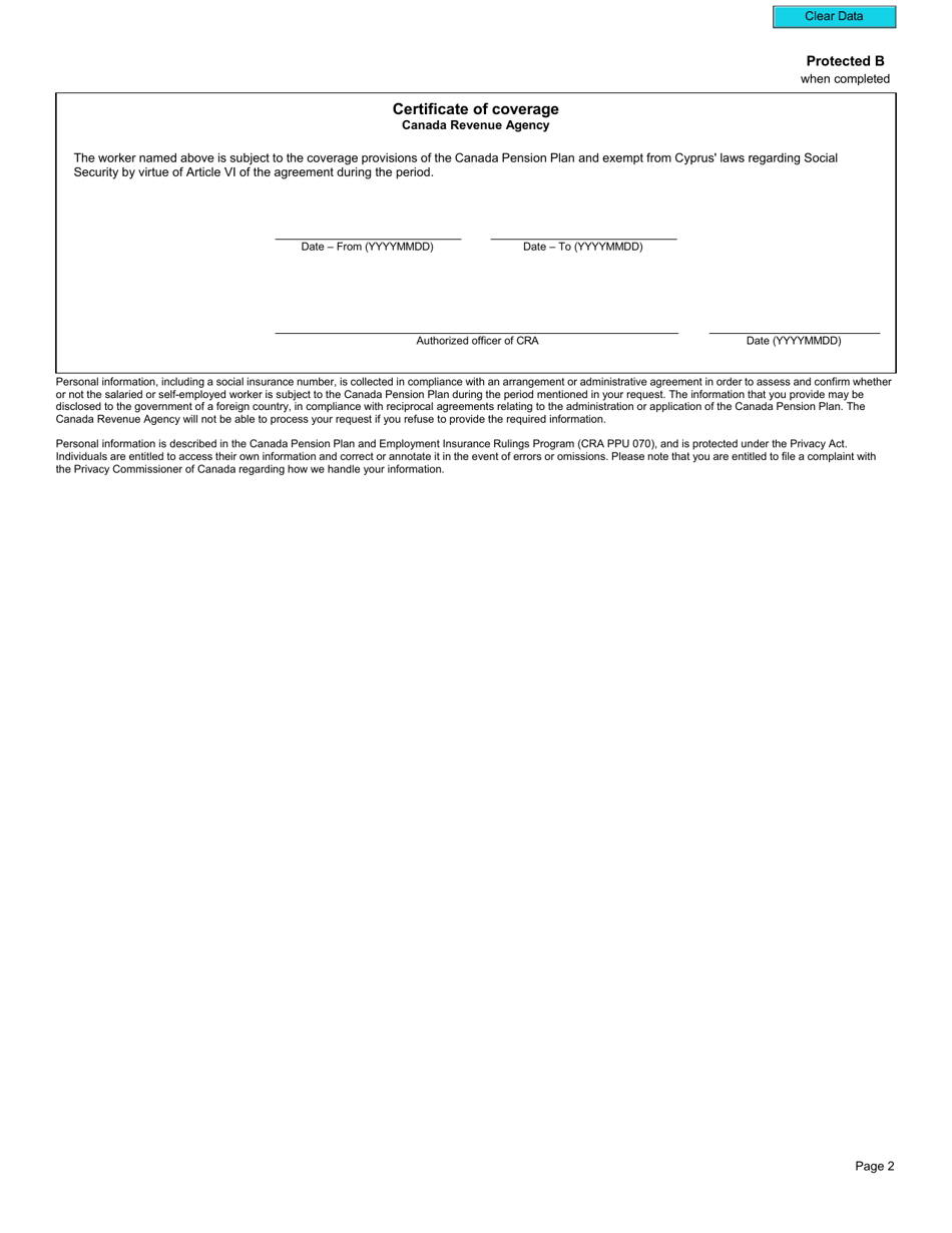 Form CPT116 Certificate of Coverage Under the Canada Pension Plan Pursuant to Article VI of the Agreement on Social Security Between Canada and the Republic of Cyprus - Canada, Page 3