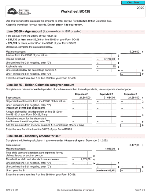 Form 5010-D Worksheet BC428 2022 Printable Pdf