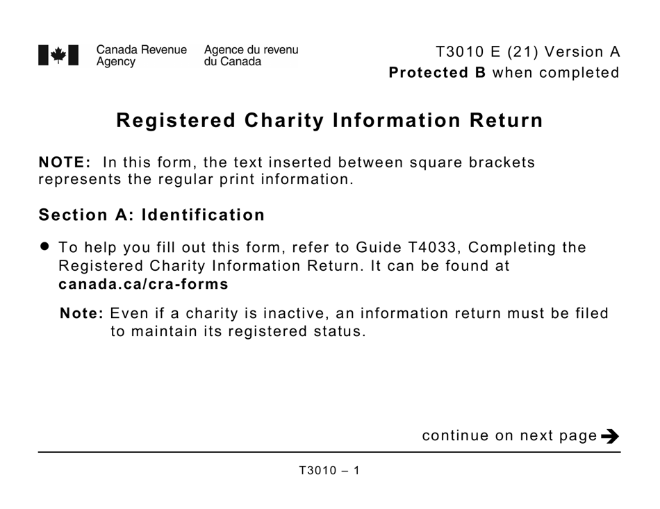 Form T3010 Registered Charity Information Return (Large Print) - Canada, Page 1