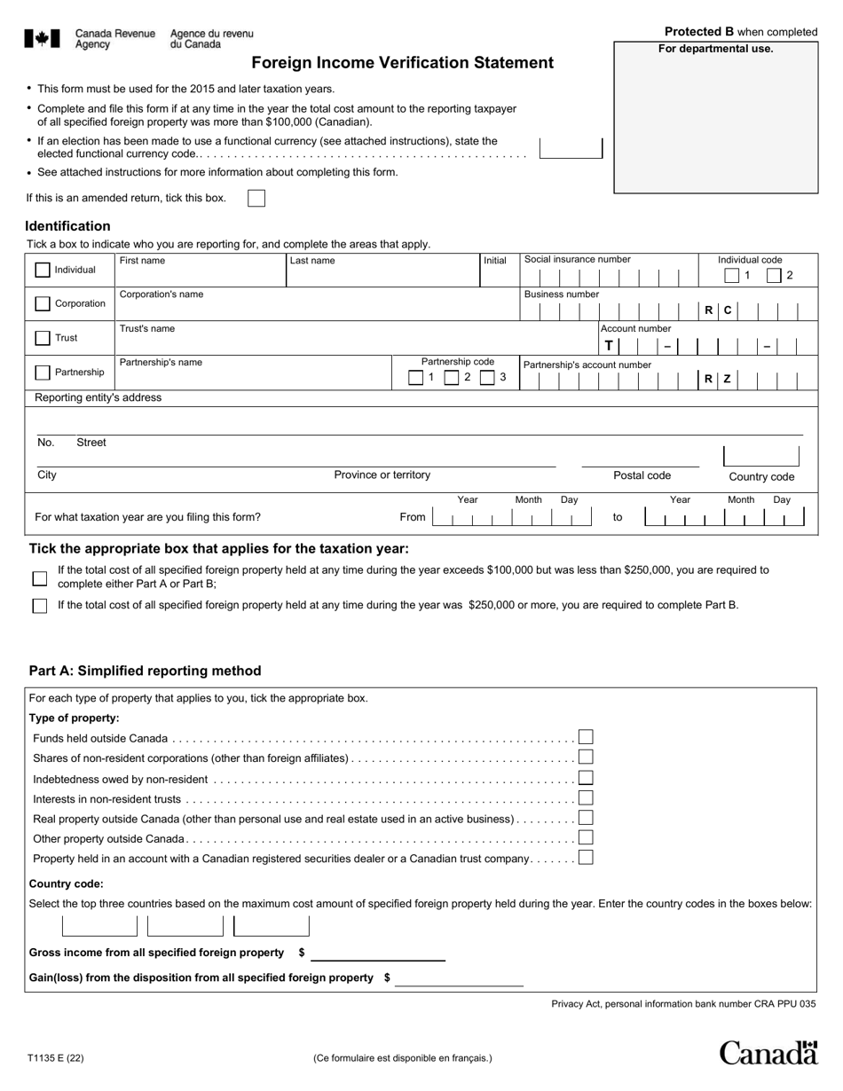 Form T1135 Foreign Income Verification Statement - Canada, Page 1