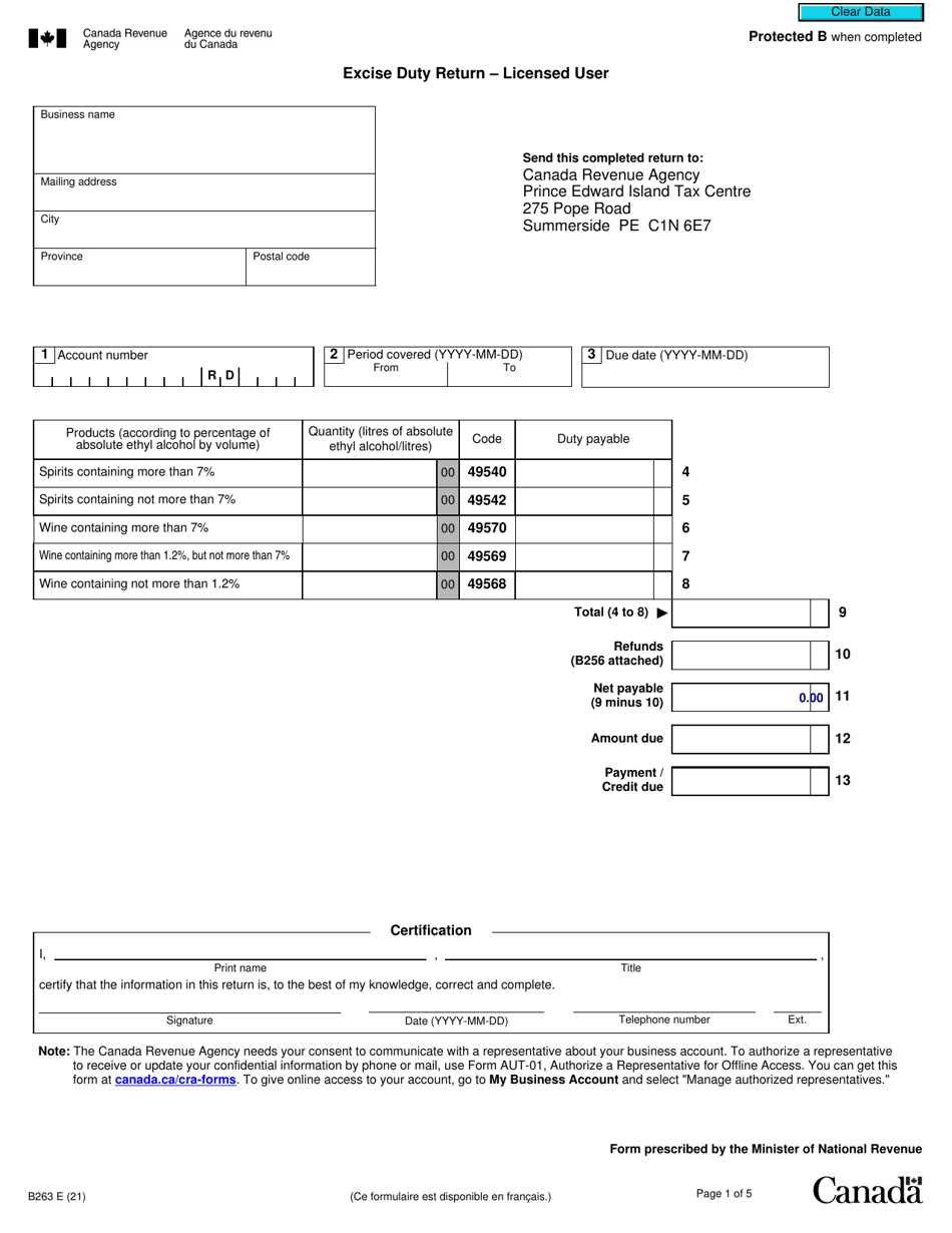 Form B263 Excise Duty Return - Licensed User - Canada, Page 1
