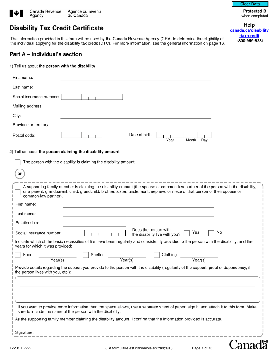 Form T2201 Download Fillable PDF Or Fill Online Disability Tax Credit ...