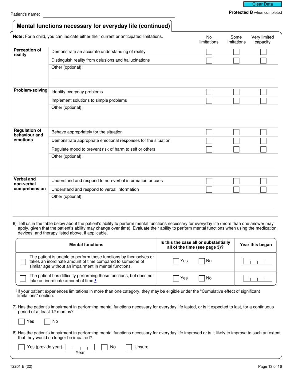 Form T2201 Download Fillable PDF or Fill Online Disability Tax Credit