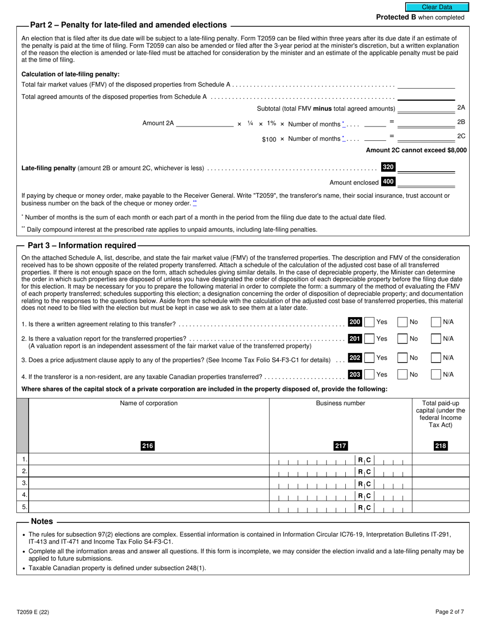 Form T2059 Election on Disposition of Property by a Taxpayer to a Canadian Partnership - Canada, Page 2